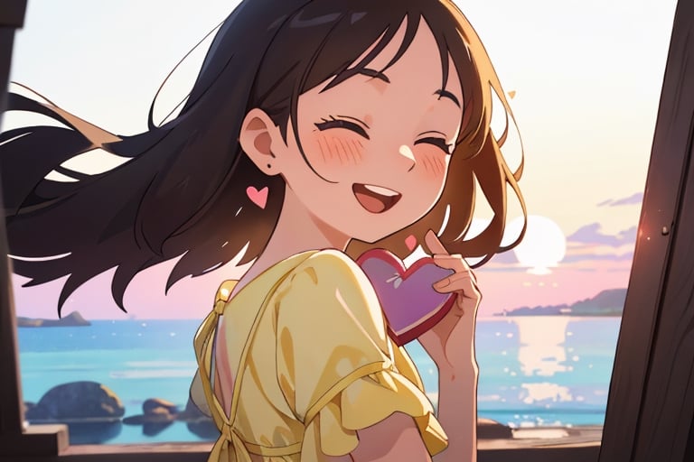 {{best quality}}, {{masterpiece}}, {{ultra-detailed}}, {illustration}, {detailed light}, {an extremely delicate and beautiful},A twenty-year-old woman novel writer, Light yellow dress, seaside, sunset,Looking back sideways,focus on face,Close eyes, happy_valentine,photorealistic,girl