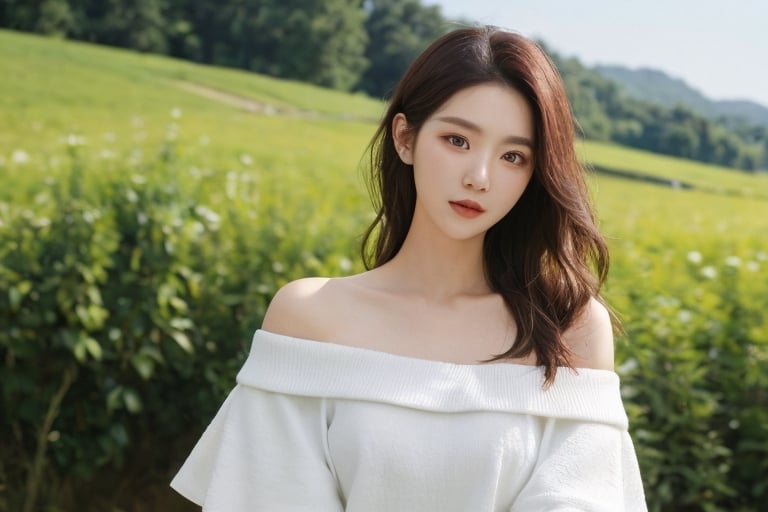 24 years old woman, charismatic pose. Sunny weather in the countryside, Photorealistic image. stand,upper body,Off-shoulder top