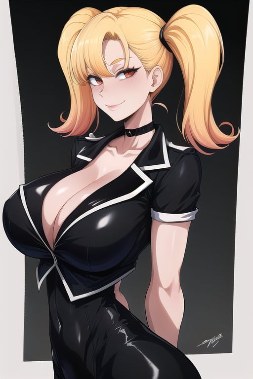 masterpiece, best quality, (solo:1.3), 1girl,arms behind back,gigantic_breasts, looking at viewers, bodysuit, black crop jacket ,blonde,two_tone_hair,smile,cleavage , night, twin_tails,choker ,red open jacket ,short sleeves, shorts ,midriff ,