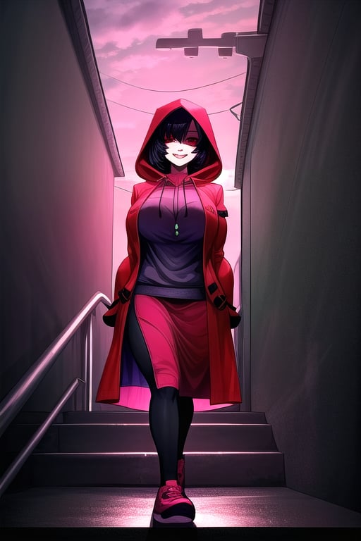 masterpiece, best quality, (solo:1.3), 1girl, walking on stairs,gigantic_breasts, arms behind back,dusk,stairs,red_eyes,black_hair,red raincoat cover body, from below,smile,black legswaer,hood up,