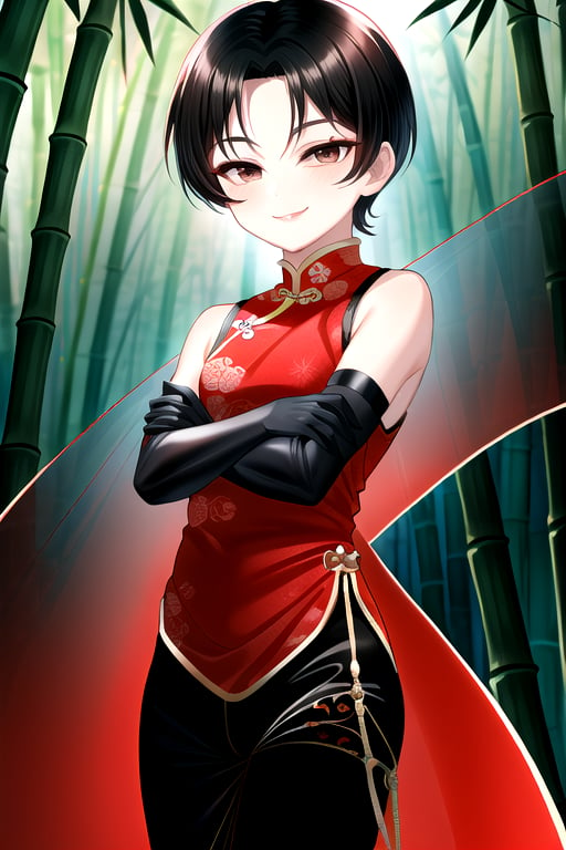 masterpiece, best quality, (solo:1.3),trap, looking_at_viewer, arms_crossed, (in black and red style:1.25),chinese dress,sleeveless, bamboo forest background,brown eyes, black obi, black_hair, (muscular:0.3),short_hair, smile,elbow_gloves, long pants,