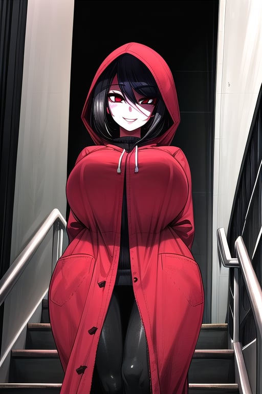 masterpiece, best quality, (solo:1.3), 1girl, walking on stairs,gigantic_breasts, arms behind back,dusk,stairs,red_eyes,black_hair,red raincoat cover body, from below,smile,black legswaer,hood up,