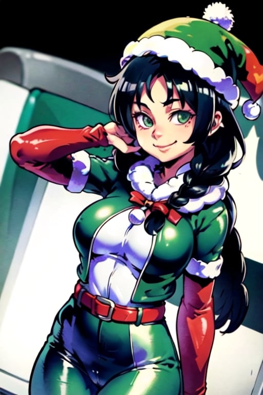 masterpiece, best quality, solo girl , hand on back ,forehead, looking at viewers,smile,christmas_hat,fur coat,black_hair,long braid, in red and green style,