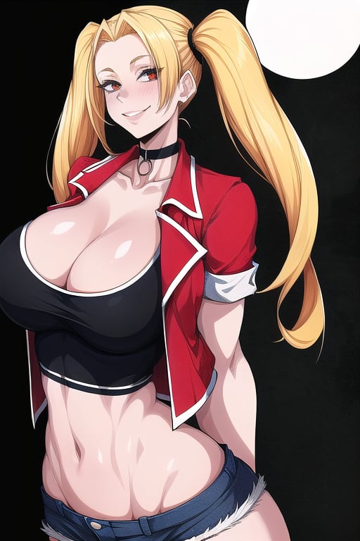 masterpiece, best quality, (solo:1.3), 1girl,arms behind back,gigantic_breasts, looking at viewers, bodysuit, black crop jacket ,blonde,two_tone_hair,smile,cleavage , night, twin_tails,choker ,red open jacket ,short sleeves, shorts ,midriff ,