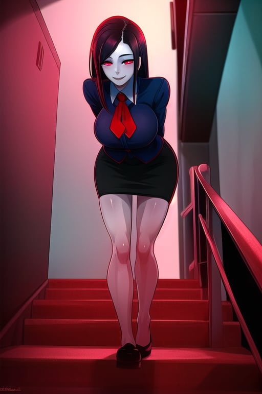 masterpiece, best quality, (solo:1.3), 1girl, walking on stairs,gigantic_breasts, arms behind back,dusk,stairs,red_eyes,black_hair,very long_hair ,black skirt, floating_hair,long_sleeves, from below,leaning_forward,curvy,smile,red_eyes,neck_tie,legswaer