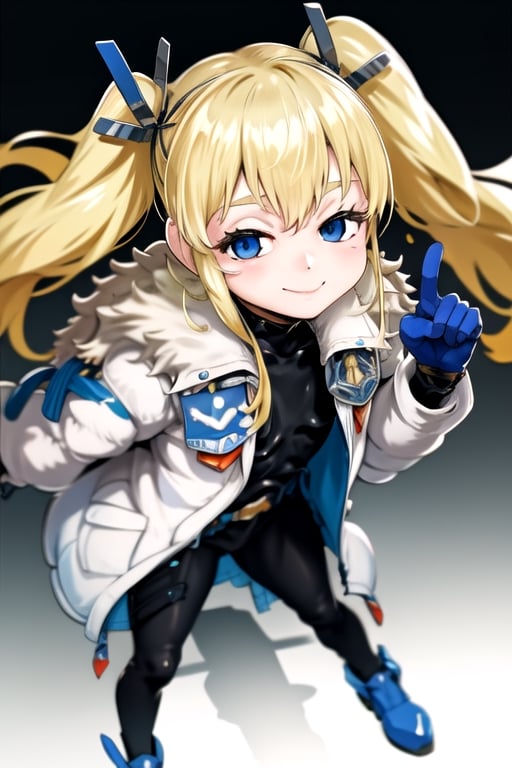 masterpiece, best quality, laplace, hair ornament, white coat, belt, black bodysuit, fur trim, gloves, blue boots, lolita, smile, leaning forward, close-up , from above, mesugaki, 