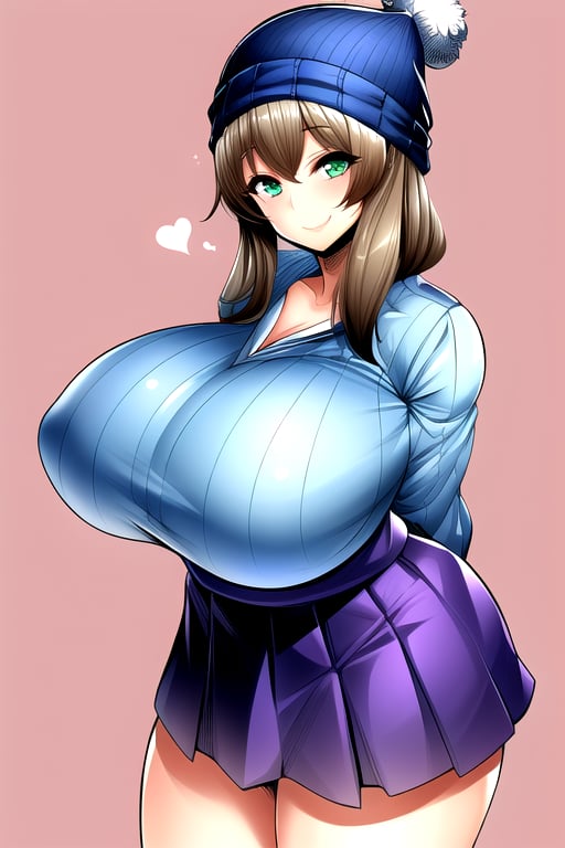 masterpiece, best quality, (solo:1.3), 1girl, gigantic_breasts, arms behind back,looking_at_viewer,OrimotoIzumi,  blue and white horizontal striped shirt, beanie, bear hat, green eyes, purple  skirt, tomboy,smile