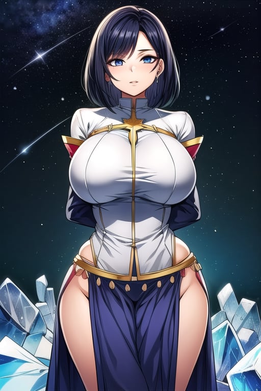 masterpiece, best quality, (solo:1.3), 1girl,arms behind back,gigantic_breasts,full dress,long_sleeves, black_hair,ice cubes,short_hair, stars,