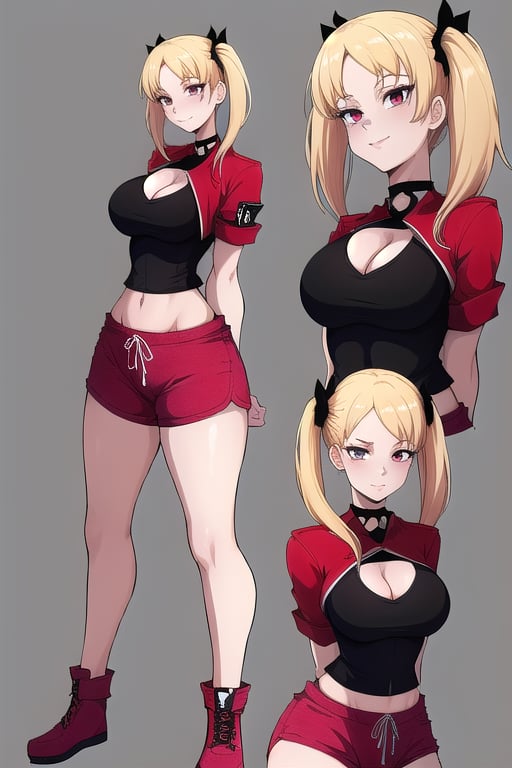 masterpiece, best quality, (solo:1.3), 1girl,arms behind back,gigantic_breasts, looking at viewers, bodysuit, black crop jacket ,blonde,two_tone_hair,smile,cleavage , night, twin_tails,choker ,red open jacket ,short sleeves, shorts ,midriff ,IncrsNikkeProfile, zoom layer