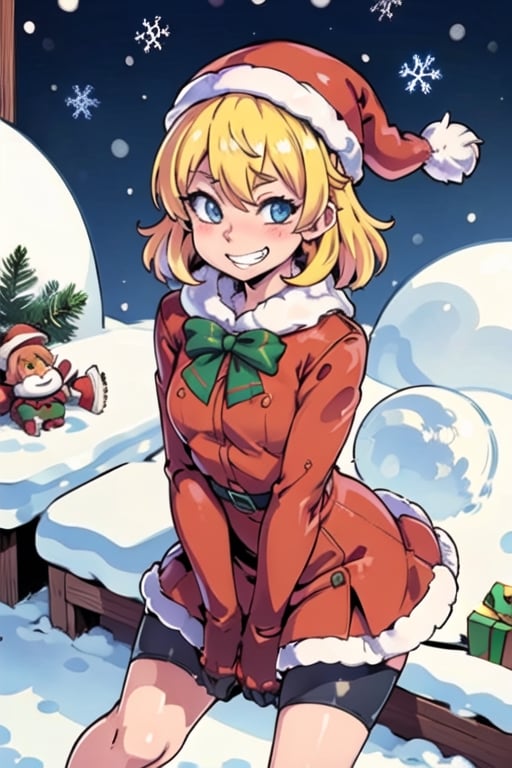 masterpiece, best quality,1santa girl, in the roof with snow, looking at viewers, grin, blond_hair, ,christmas_hat,christmas dress 