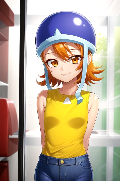 masterpiece, best quality, (solo:1.3), 1girl in glass case, arms behind back,looking_at_viewer, orange_hair, smile,SoraDef, orange eyes, sleeveless, shirt, jeans, helmet, short hair,yellow shirt,loli,