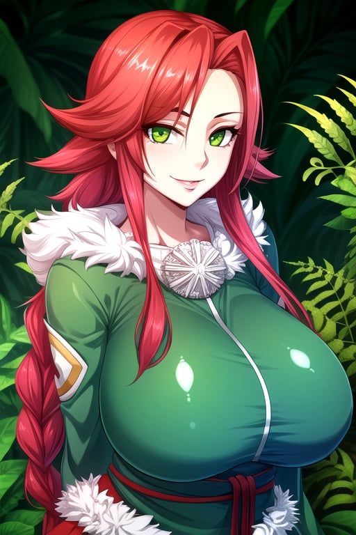 masterpiece, best quality, (solo:1.1), 1girl , arms behind back,looking_at_viewer, fur top,gigantic_breasts,red_hair, single braid, fern forest background,symmetrical,in green and red style,obi,smile,curvy,short_sleeves,