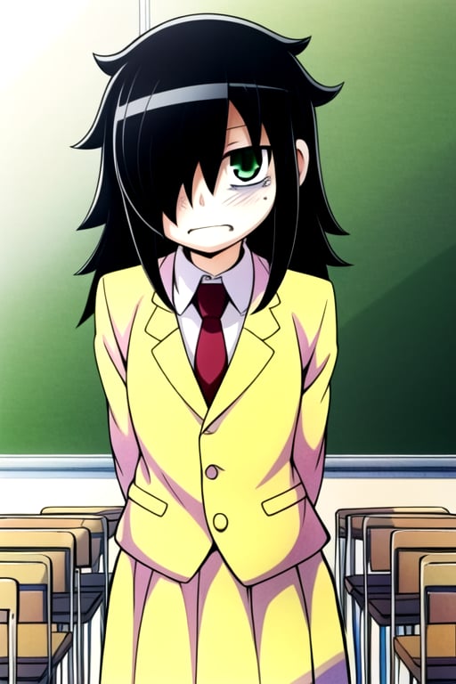 masterpiece, best quality, (solo:1.3), 1girl , arms behind back,looking_at_viewer,long hair, black-hair,hair over in one eye,school uniform, classroom,bags under eyes,loli,red necktie,naughty_face, yellow jacket,yellow long skirt ,green-eyes,messy_hair,watamote,tomoko