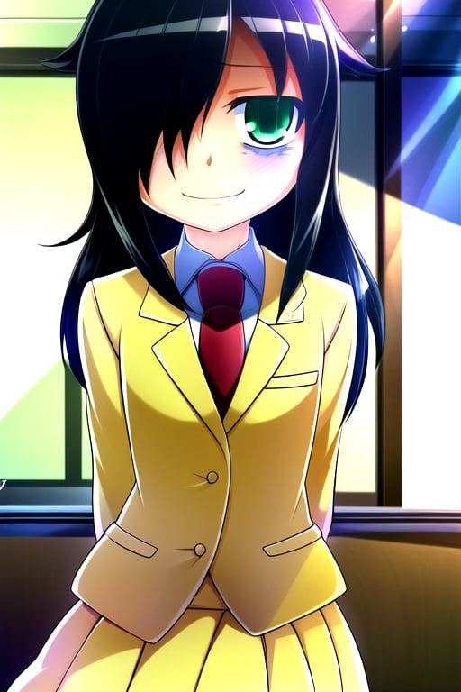 masterpiece, best quality, (solo:1.3), 1girl , arms behind back,looking_at_viewer,long hair, black-hair,hair over in one eye,school uniform, classroom,bags under eyes,loli,red necktie,naughty_face, yellow jacket,yellow long skirt ,green-eyes,messy_hair,