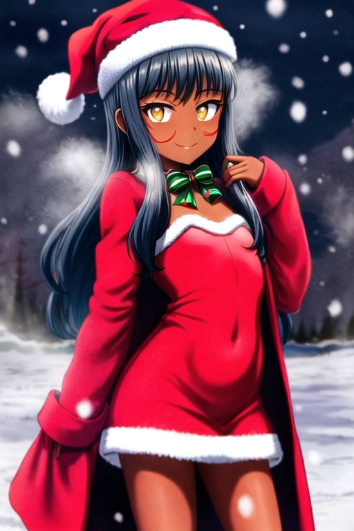 masterpiece, best qualities,solo, snow,loli against lake,looking at viewer, dark skin,  red dress, smile ,hat, yellow eyes ,(in santa style, long wooden coat, flat chest), long hair 