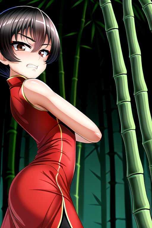 masterpiece, best quality, (solo:1.3),trap, looking_at_viewer, arms_crossed, (in black and red style:1.25),chinese dress,sleeveless, bamboo forest background,brown eyes, black obi, black_hair, (muscular:0.3),short_hair,pointed_teeth