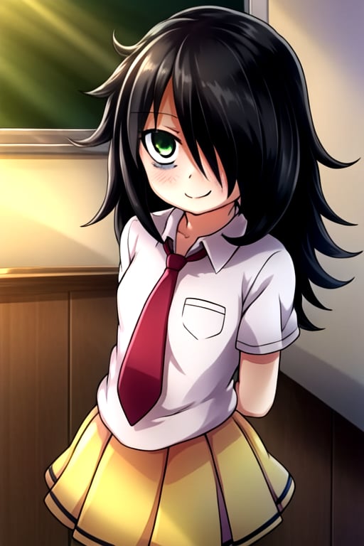 masterpiece, best quality, (solo:1.3), 1girl , arms behind back,looking_at_viewer,long hair, black-hair,hair over in one eye,school uniform, classroom,bags under eyes,loli,red necktie, white_shirt,yellow long skirt ,green-eyes,messy_hair,watamote,tomoko,smile, from above,mini_girl,