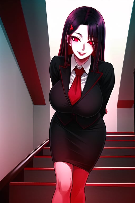 masterpiece, best quality, (solo:1.3), 1girl, walking on stairs,gigantic_breasts, arms behind back,dusk,stairs,red_eyes,black_hair,very long_hair ,black skirt, floating_hair,long_sleeves, from below,leaning_forward,curvy,smile,glowing eyes,red_eyes,neck_tie