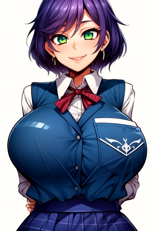 masterpiece, best quality, (solo:1.3), 1girl, gigantic_breasts, arms behind back,looking_at_viewer,OrimotoIzumi,  blue a horizontal striped, shirt, green eyes, purple  skirt, tomboy,smile,vest