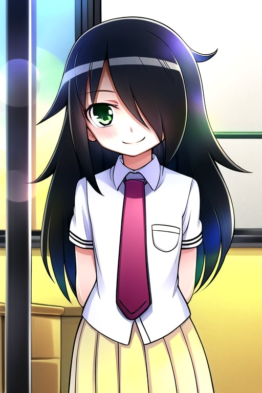 masterpiece, best quality, (solo:1.3), 1girl , arms behind back,looking_at_viewer,long hair, black-hair,hair over in one eye,school uniform, classroom,bags under eyes,loli,red necktie, white_shirt,yellow long skirt ,green-eyes,messy_hair,watamote,tomoko,smile, from above,mini_girl,