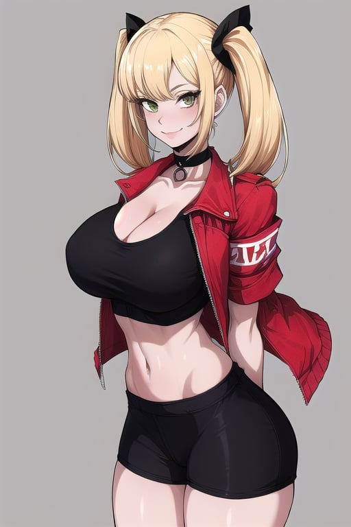 masterpiece, best quality, (solo:1.3), 1girl,arms behind back,gigantic_breasts, looking at viewers, bodysuit, black crop jacket ,blonde,two_tone_hair,smile,cleavage , night, twin_tails,choker ,red open jacket ,short sleeves, shorts ,midriff ,zoom layer