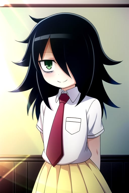 masterpiece, best quality, (solo:1.3), 1girl , arms behind back,looking_at_viewer,long hair, black-hair,hair over in one eye,school uniform, classroom,bags under eyes,loli,red necktie, white_shirt,yellow long skirt ,green-eyes,messy_hair,watamote,tomoko,smile, from above,mini_girl,