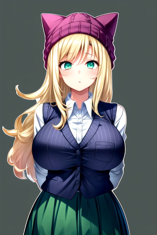 masterpiece, best quality, (solo:1.3), 1girl, gigantic_breasts, arms behind back,looking_at_viewer,OrimotoIzumi,  purple vest,horizontal striped shirt, beanie, cat hat, green eyes, purple  skirt, blonde,