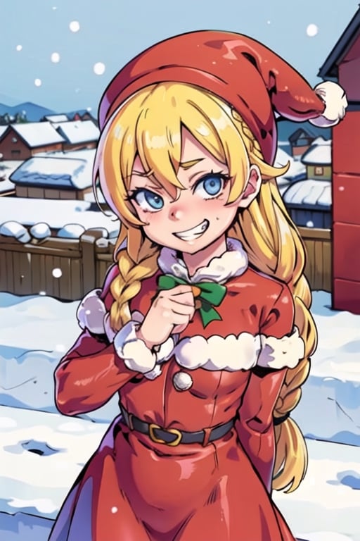 masterpiece, best quality, girl, on the roof with snow, looking at viewers, grin, blond_hair, long_hair,twin_braid,christmas_hat,christmas dress ,