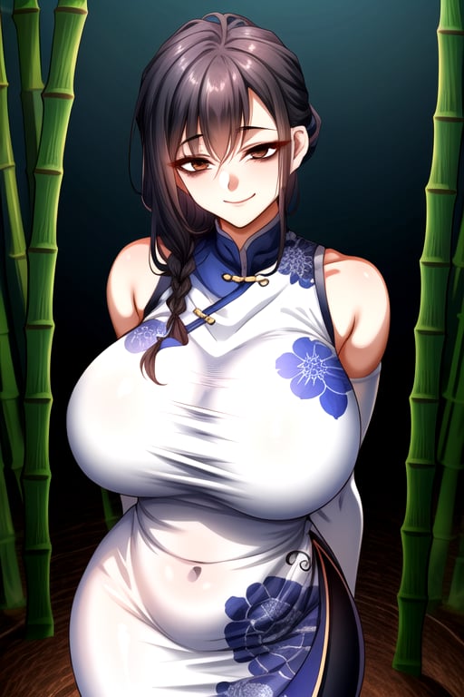 masterpiece, best quality, (solo:1.3),1girl, looking_at_viewer, gigantic_breast, hands behind back,(in white and blue style:1.25),chinese dress,black long pants , sleeveless, bamboo forest background,brown eyes,single braid,closed_mouth,obi,elbow_gloves, black_hair, smile,fog, curvy 