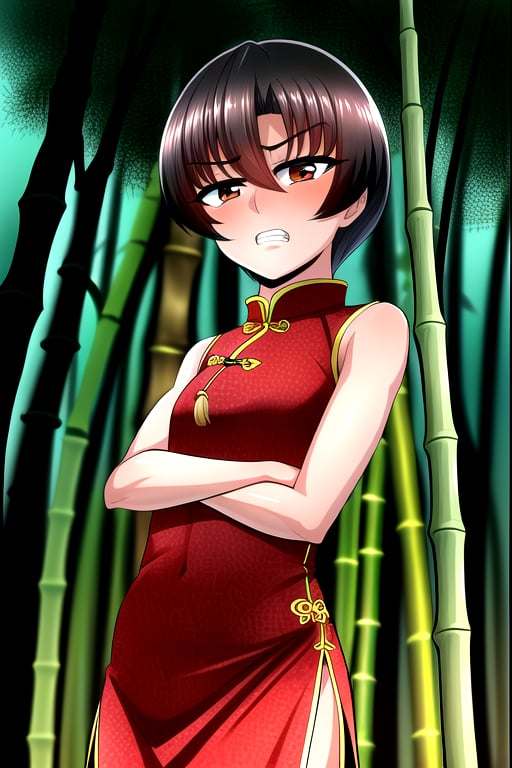 masterpiece, best quality, (solo:1.3),trap, looking_at_viewer, arms_crossed, (in black and red style:1.25),chinese dress,sleeveless, bamboo forest background,brown eyes, black obi, black_hair, (muscular:0.3),short_hair,pointed_teeth