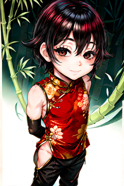 masterpiece, best quality, (solo:1.3), little boy, 1boy,looking_at_viewer, arms behind back, (in black and red style:1.25),chinese dress,sleeveless, bamboo forest background,brown eyes, black obi, black_hair, smile,elbow_gloves, long pants, from above,