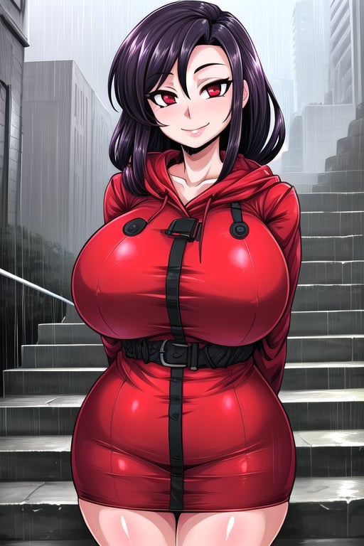 masterpiece, best quality, (solo:1.3), 1girl, gigantic_breasts, arms behind back,raining,dusk,stairs,red_eyes,black_hair,red raincoat cover body,smile,looking_at_viewer,