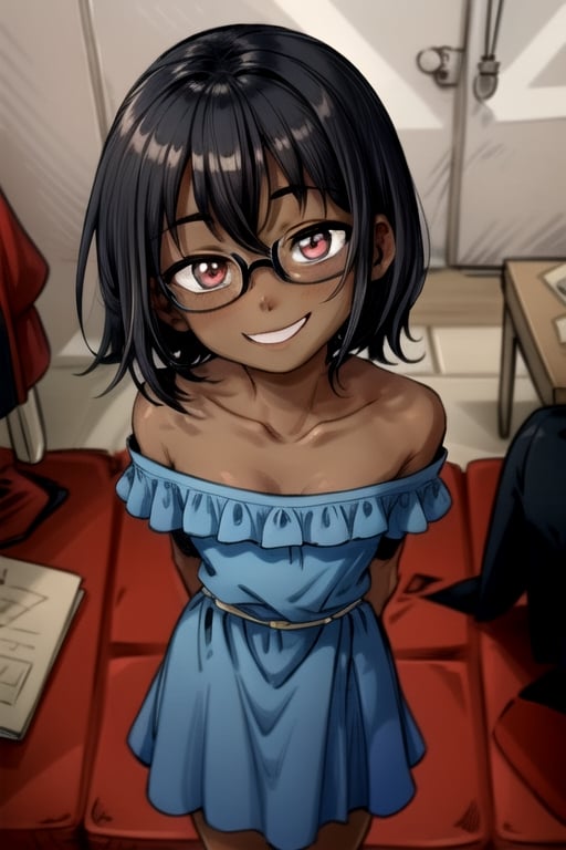 masterpiece, best quality, solo, loli, minigirl, 1girl,in corner,looking at viewer, off_shoulder,arm behind back, from above,in black and blue style, black hair,short_hair , smile , dress, look up ,glasses, dark skin,