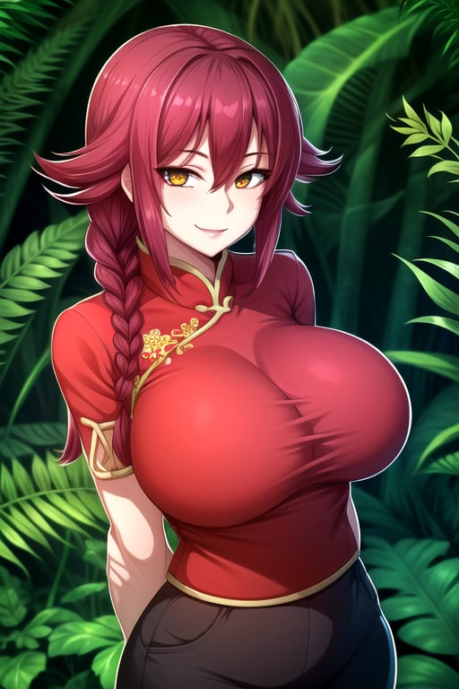 masterpiece, best quality, (solo:1.1), 1girl , arms behind back,looking_at_viewer, china_dress,black long pants,gigantic_breasts,red_hair, single braid, fern forest background,symmetrical,in green and red style,obi,smile,curvy,short_sleeves,