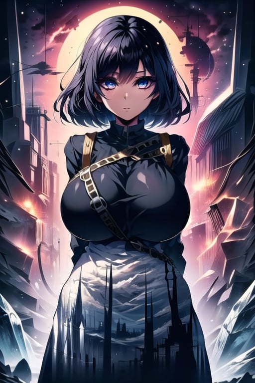 masterpiece, best quality, (solo:1.3), 1girl,arms behind back,gigantic_breasts,full dress,long_sleeves, black_hair,ice cubes,silhouette, short_hair, 