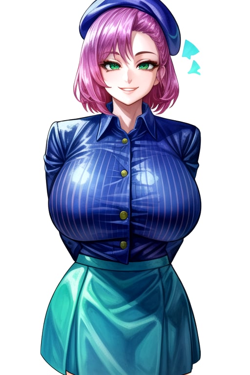 masterpiece, best quality, (solo:1.3), 1girl, gigantic_breasts, arms behind back,looking_at_viewer,OrimotoIzumi,  blue  striped, shirt, green eyes, purple  skirt, tomboy,smile,beret