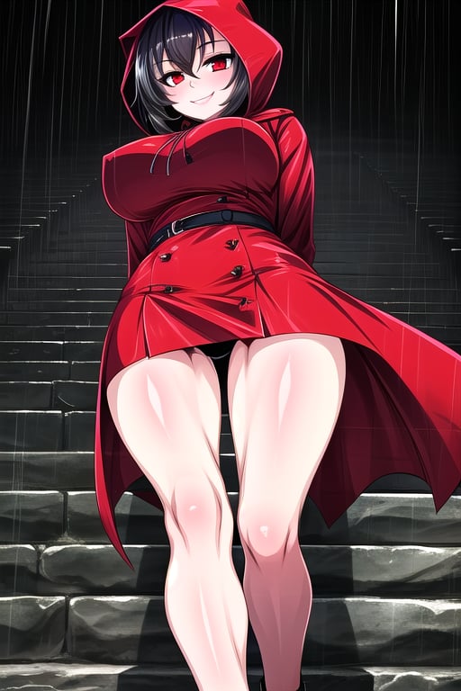 masterpiece, best quality, (solo:1.3), 1girl, walking on stairs,gigantic_breasts, arms behind back,raining,dusk,stairs,red_eyes,black_hair,red raincoat cover body, from below,smile,black legswaer,hood up,looking_at_viewer,