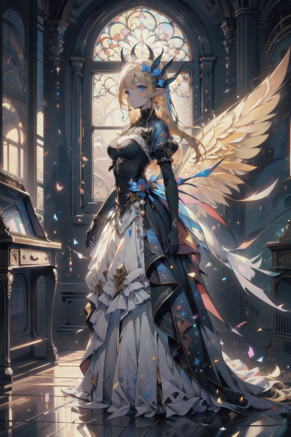 ((masterpiece)), ((ultra detailed)), (ultra quality), (very_high_resolution), golden blonde hair, blue eyes, pale skin, medieval, medium_breasts, solo, long hair, jewelry, earrings, pointy ears, fairy, hair ornament, wings, black gloves, indoors, formal, full_body, midjourney, dress,DonMF41ryW1ng5