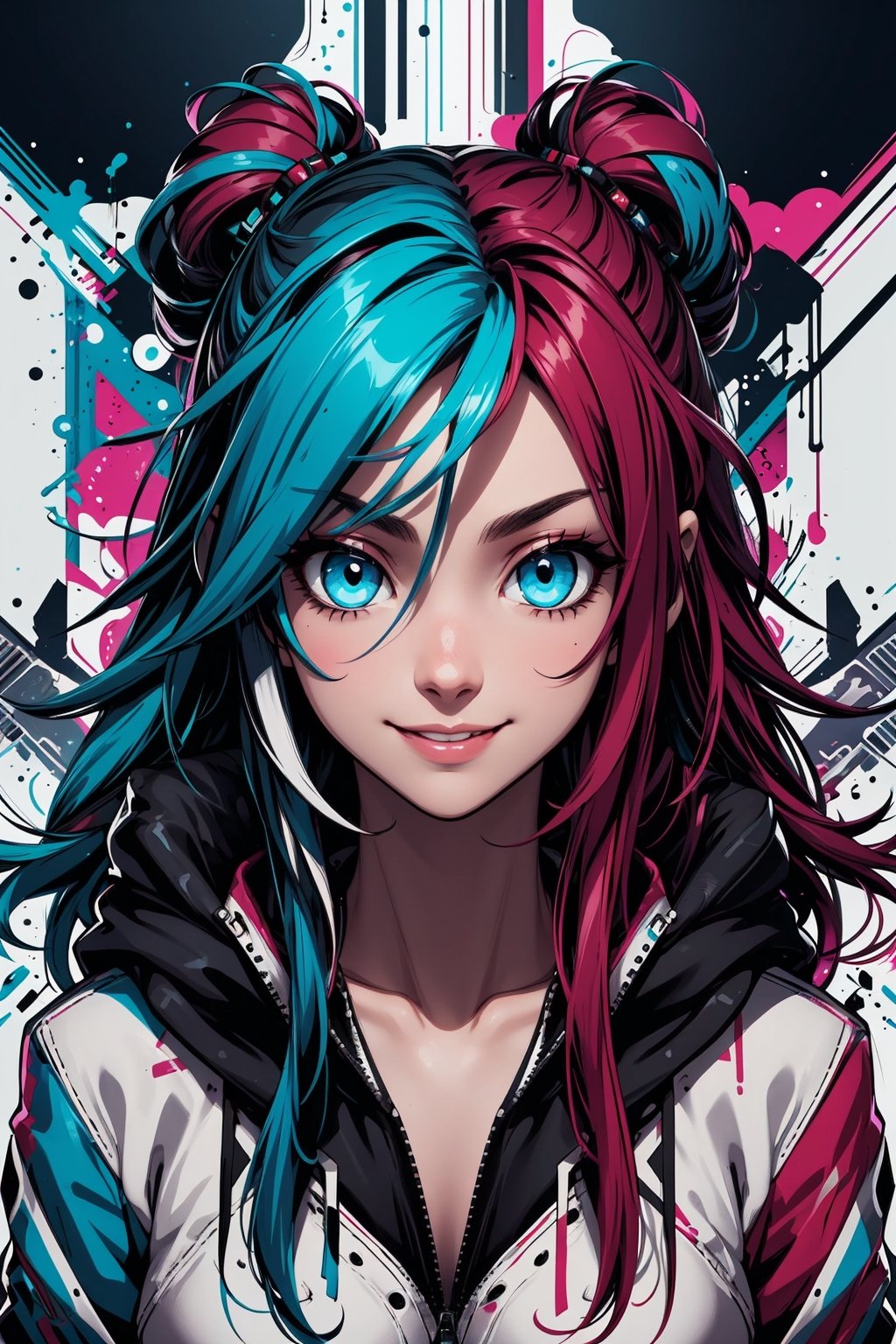 girl, (two tones hair) red HAIR, blue hair, long hair, blue EYES, (GLOWING EYES: 1.1), smile,design,abstract,graffiti,Grt2c, 