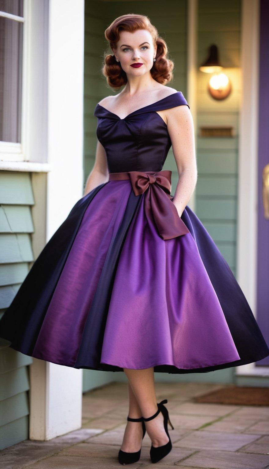 digital photo, full length photo, beautiful 25 year old woman reddish brown hair, wearing 1950s style satin purple and black dress with wide circle skirt and tight bodice, large bow, in 1950s house, 1950s house background, sharp focus, award-winning photograph, fine face detail, colour digital photo, romantic lighting, brokeh