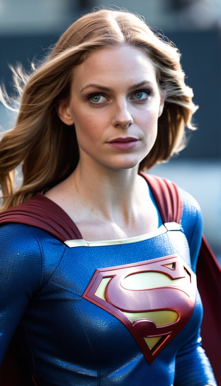 a white women with reddish brown hair dressed like Supergirl. 