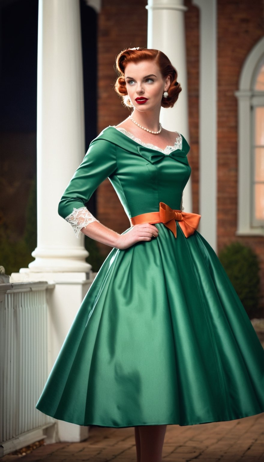 digital photo, full length photo, beautiful 25 year old woman reddish brown hair, wearing 1950s style satin green and orange dress with wide circle skirt and tight bodice, long lace sleeves, large bow, in 1950s house, 1950s house background, sharp focus, award-winning photograph, fine face detail, colour digital photo, romantic lighting, brokeh