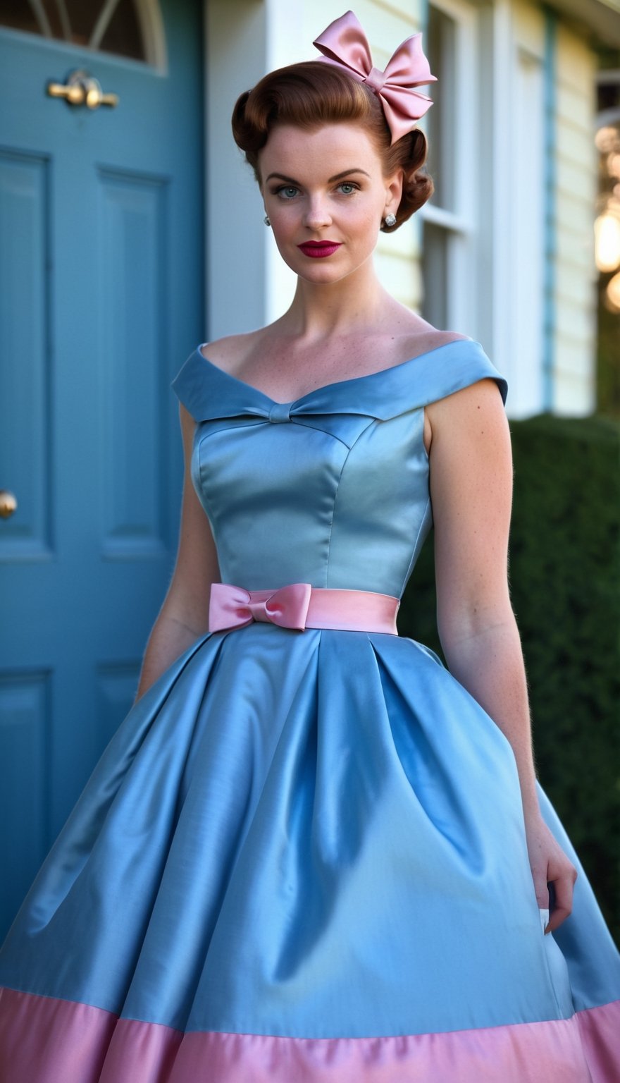 digital photo, full length photo, beautiful 25 year old woman reddish brown hair, wearing 1950s style satin blue and pink dress with wide circle skirt and tight bodice, large bow, in 1950s house, 1950s house background, sharp focus, award-winning photograph, fine face detail, colour digital photo, romantic lighting, brokeh