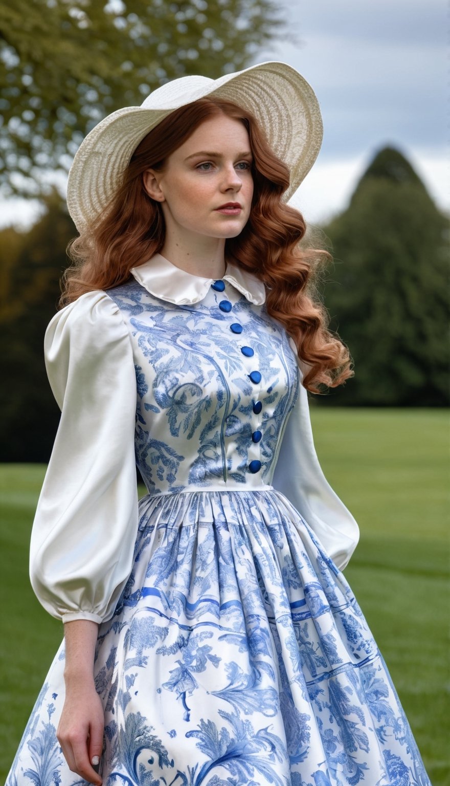 standing in a park, a woman in her early 20s, with her reddish brown long hair styled into soft curls, wearing a white and blue porcelain print silk shiny satin housewife dress, with a white silk shiny satin peter pan collar, and big poofy silk shiny satin sleeves. the dresses big skirt lifted by layers of petticoats. A white straw wide brim sun hat
