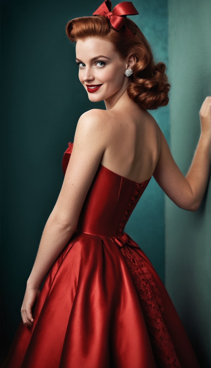 beautiful white woman with reddish hair, 25, photorealistic, masterpiece, best quality, very detailed face with pores and wrinkles, raw photo, long hair, ((1950s style satin red dress)) with tight bodice and long circle skirt, lace pettycoats under skirt showing, large bow on the back of the dress, detailed eyes and face, small breast, low key, full_body, seductive body, slim body, beautiful legs, seductive pose, sexy smile, gorgeous girl, detailed hands, in 1950s home