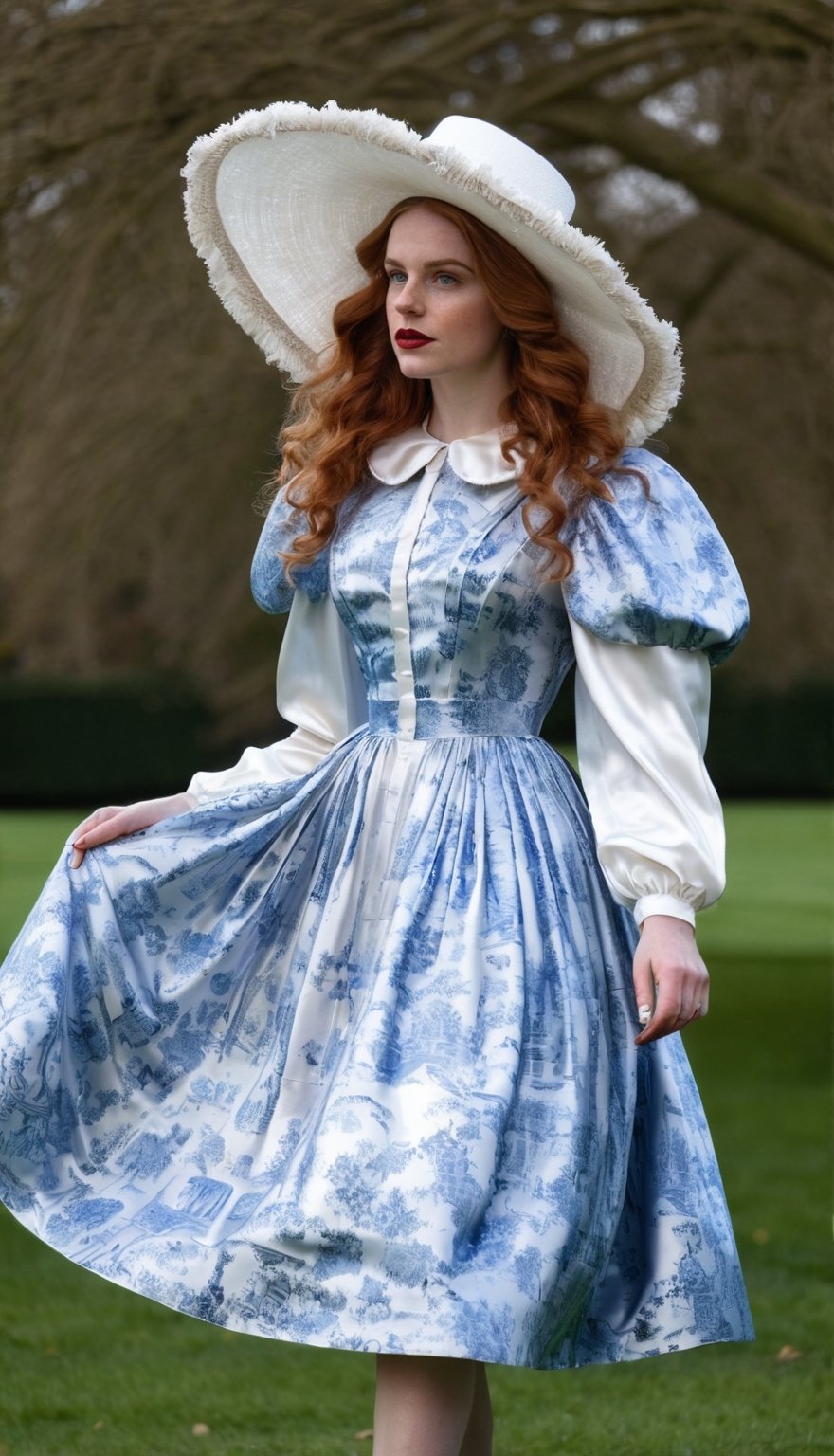 standing in a park, a woman in her early 20s, with her reddish brown long hair styled into soft curls, wearing a white and blue porcelain print silk shiny satin housewife dress, with a white silk shiny satin peter pan collar, and big poofy silk shiny satin sleeves. the dresses big skirt lifted by layers of petticoats. A white straw wide brim sun hat
