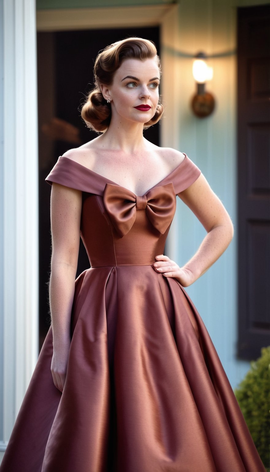 digital photo, full length photo, beautiful 25 year old woman reddish brown hair, wearing 1950s style satin dress with wide circle skirt and tight bodice, large bow, in 1950s house, 1950s house background, sharp focus, award-winning photograph, fine face detail, colour digital photo, romantic lighting, brokeh