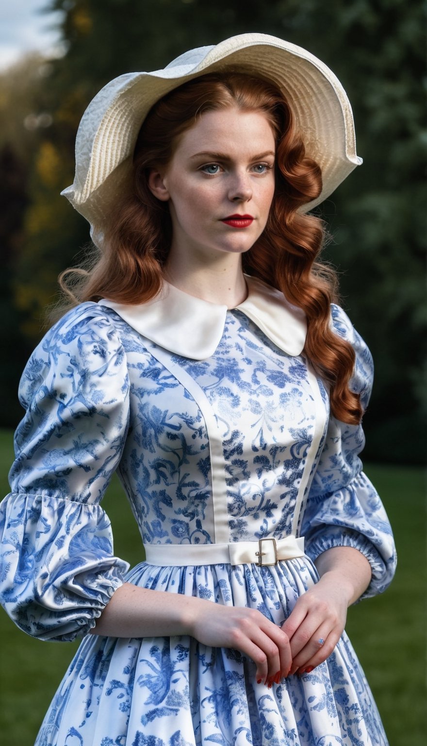 standing in a park, a woman in her early 20s, with her reddish brown long hair styled into soft curls, wearing a white and blue porcelain print silk shiny satin housewife dress, with a white silk shiny satin peter pan collar, and big poofy silk shiny satin sleeves. the dresses big skirt lifted by layers of petticoats. A white straw wide brim sun hat
