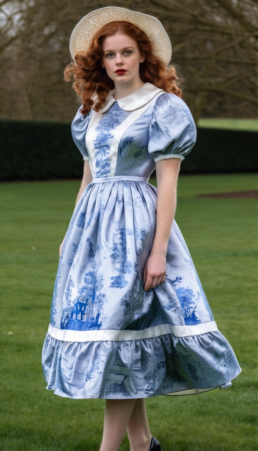 standing in a park, a woman in her early 20s, with her reddish brown long hair styled into soft curls, wearing a white and blue porcelain print silk shiny satin housewife dress, with a white silk shiny satin peter pan collar, and big poofy silk shiny satin sleeves. the dresses big skirt lifted by layers of petticoats. A white straw wide brim sun hat
