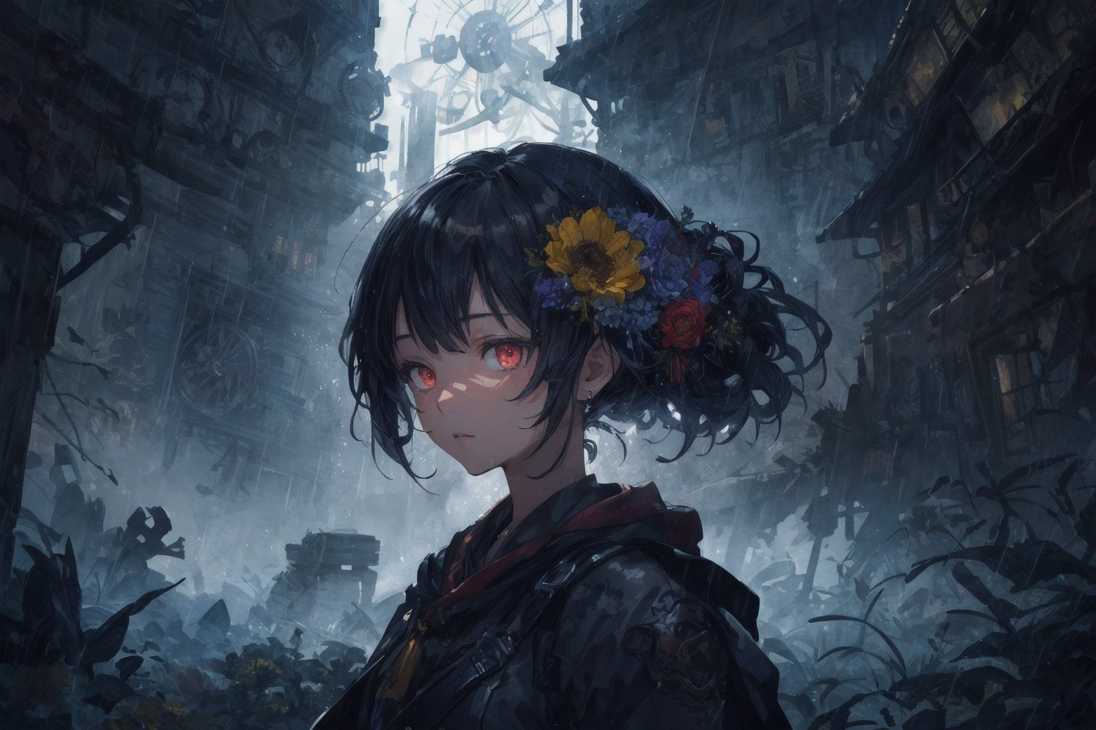 Official Art, Unity 8K Wallpaper, Extreme Detailed, Beautiful and Aesthetic, Masterpiece, Top Quality, perfect anatomy, 

1girl, solo, long hair, looking at viewer, black hair, red eyes, jewelry, flower, umbrella, gears, indigo theme, plateau, rainy day, fog,

a beautifully drawn (((ink illustration))) depicting, vintage, purple and yellow accents, watercolor painting, concept art, (best illustration), (best shadow), Analog Color Theme, vivid colours, contrast, smooth, sharp focus, scenery, 

(Pencil_Sketch:1.2,masterpiece, midjourney, best quality, incredibly absurdres, messy lines,high detail eyes,More Detail,perfect light,portrait, 